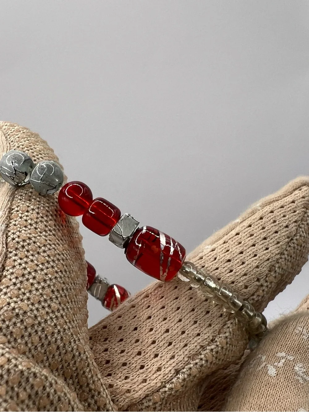 Handmade Red & Silver Glass Beaded Elastic Statement Bracelet